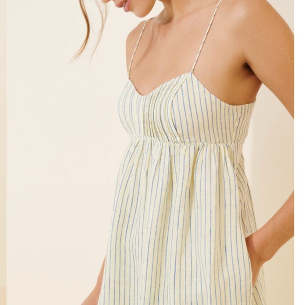 Anthropologie Maeve 100% Linen Pintuck Tie Back Maxi Dress Yellow Blue Medium